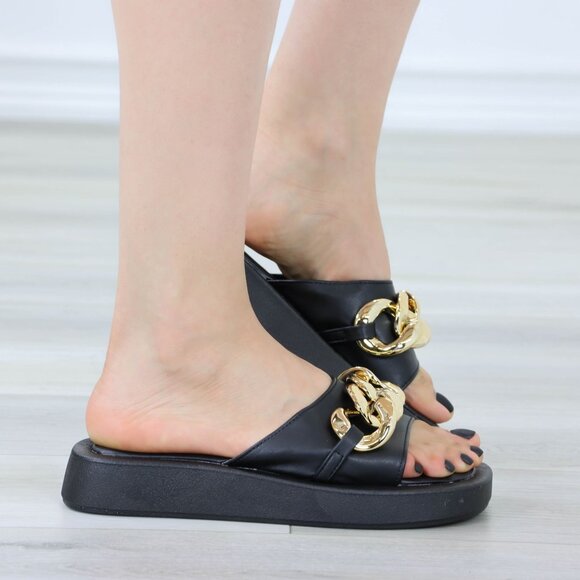 Black Chunky Comfy Flat Sandal Slip On Sliders - Picture 5 of 14